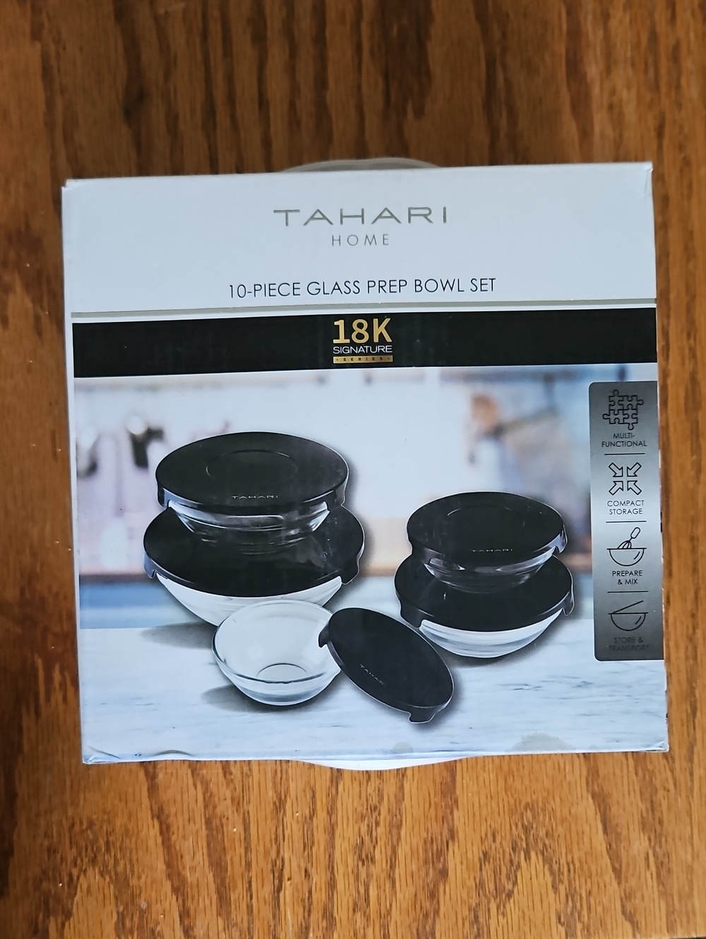 Tahari 10 Piece Glass Prep Bowl Set. Black Lids. Clear Bowls. NIB
